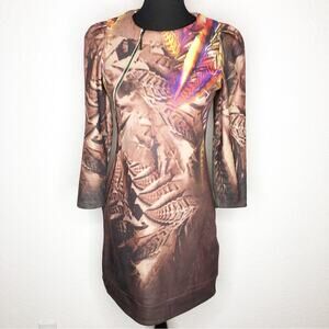 Adolfo Dominguez brown graphic print asymmetrical zip knit dress size Small